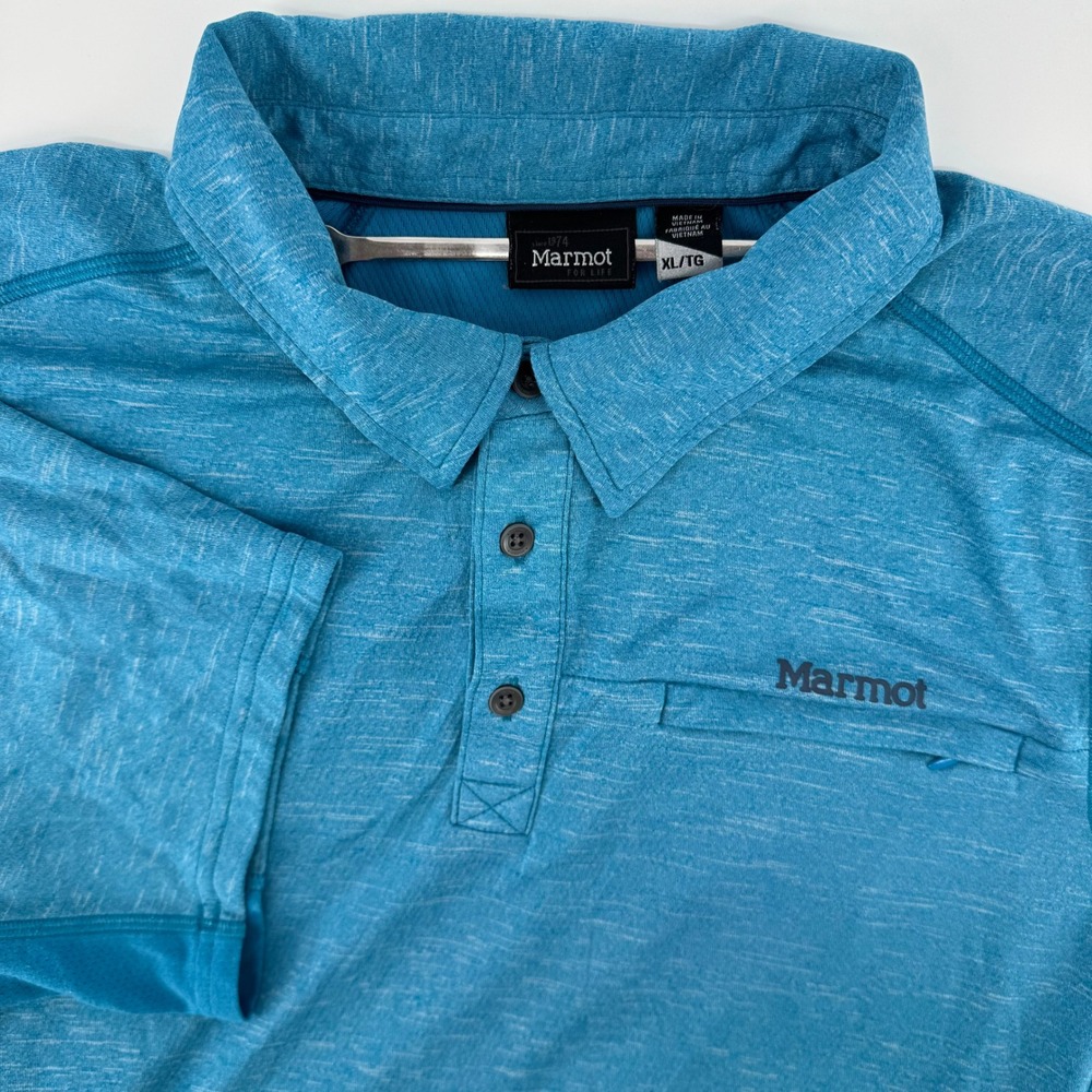 Marmot Wallace Polo Golf Shirt XL Blue Teal Heather Short Sleeve Hiking Outdoor